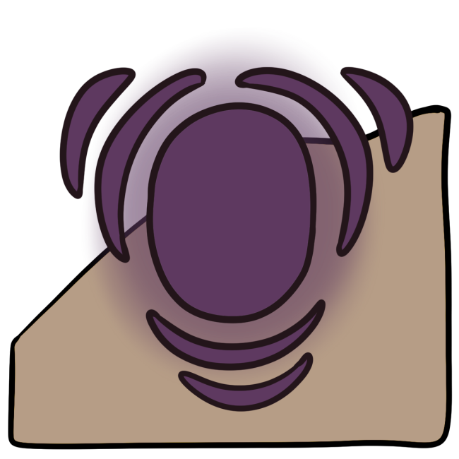 A purple glowing oval with three sets of stacked curved lines coming off the edges. Curved beige skin fills the bottom half of the background.